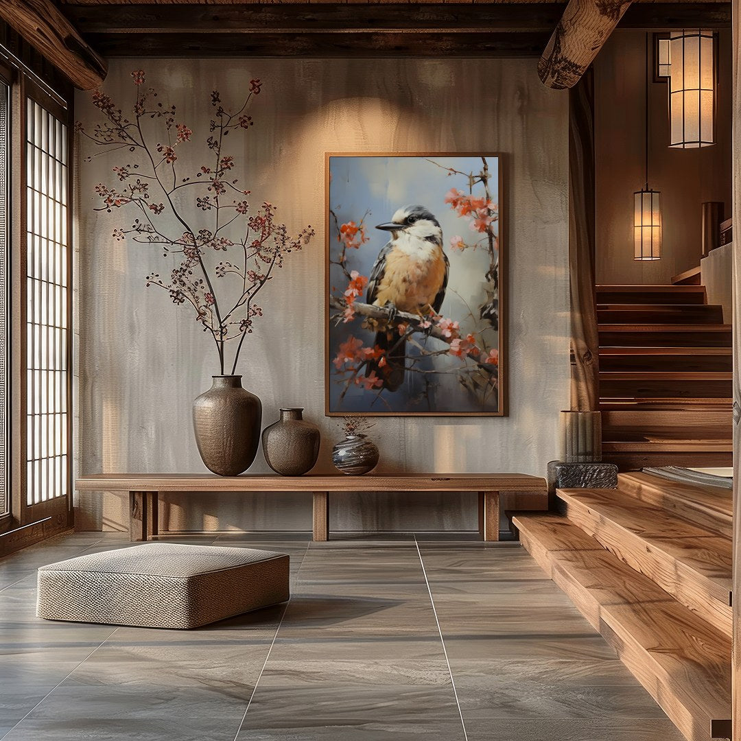 Enchant your space with 'Serenade of the Spring Bird,' a captivating artwork capturing a bird for Hall