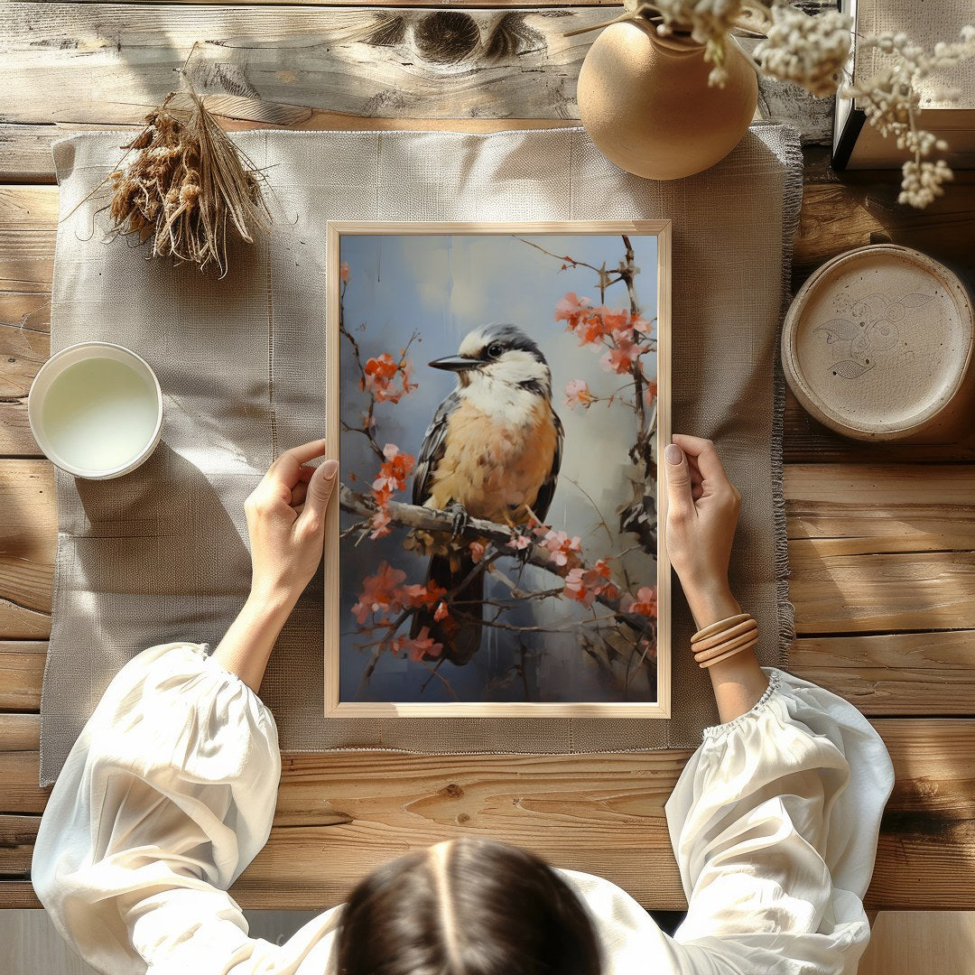 Enchant your space with 'Serenade of the Spring Bird,' a captivating artwork capturing a bird for Kitchen