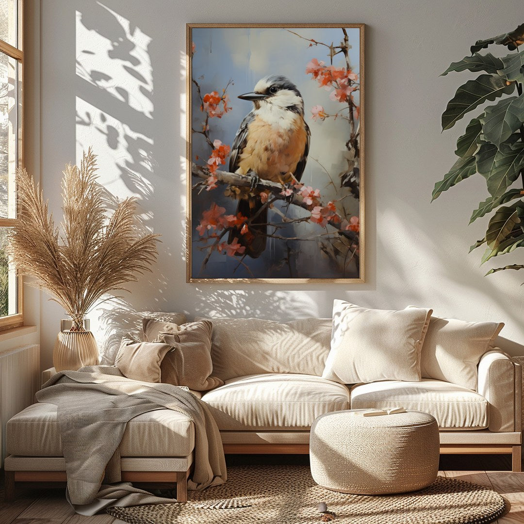Enchant your space with 'Serenade of the Spring Bird,' a captivating artwork capturing a bird for Sitting Area