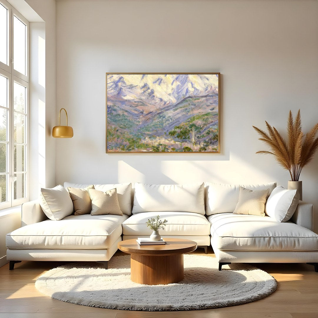 Capture the serene majesty of mountain ranges with this timeless landscape artwork. The piece for Living Room