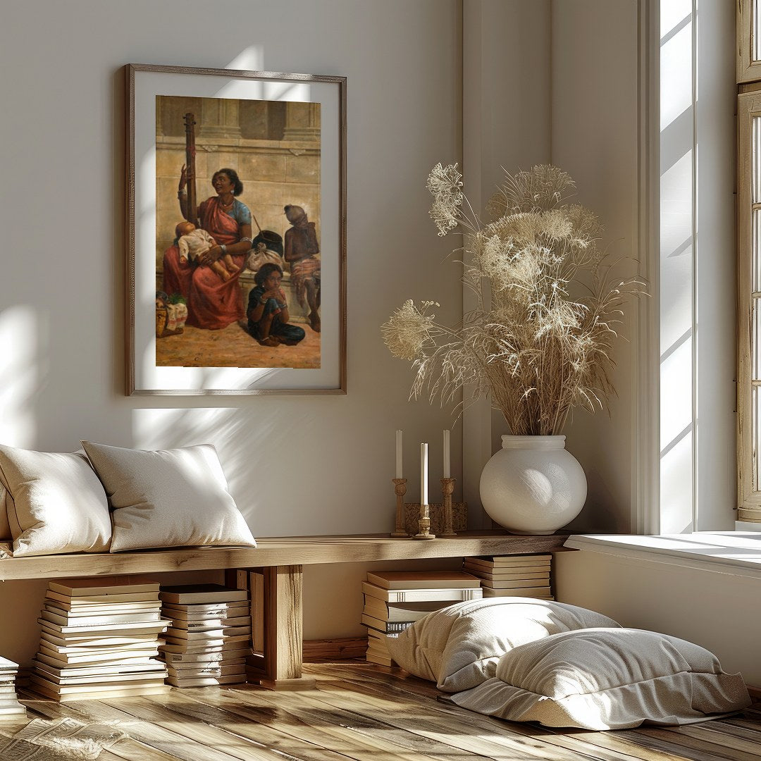This captivating artwork captures a vivid street scene, blending rich cultural heritage with for area