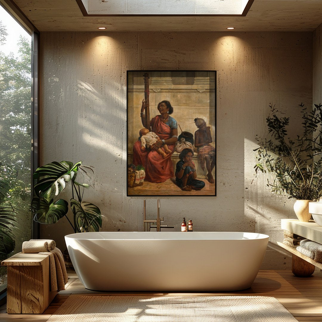 This captivating artwork captures a vivid street scene, blending rich cultural heritage with for Bathroom