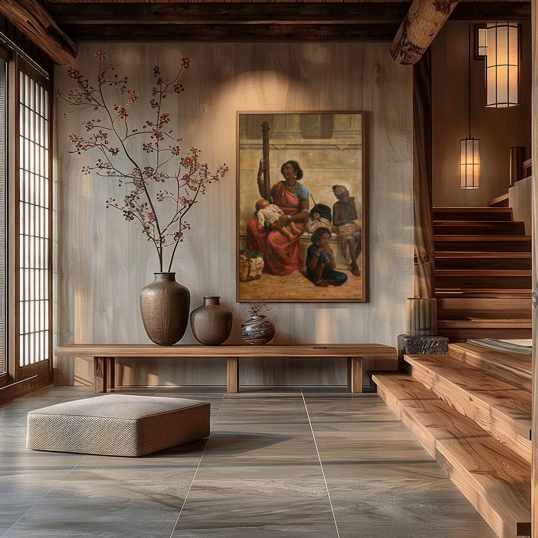 This captivating artwork captures a vivid street scene, blending rich cultural heritage with for Hall