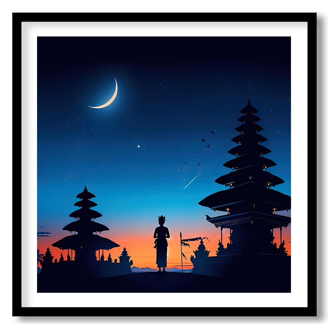 Immerse yourself in this enchanting portrayal of a serene twilight scene, capturing a crescent moon for area