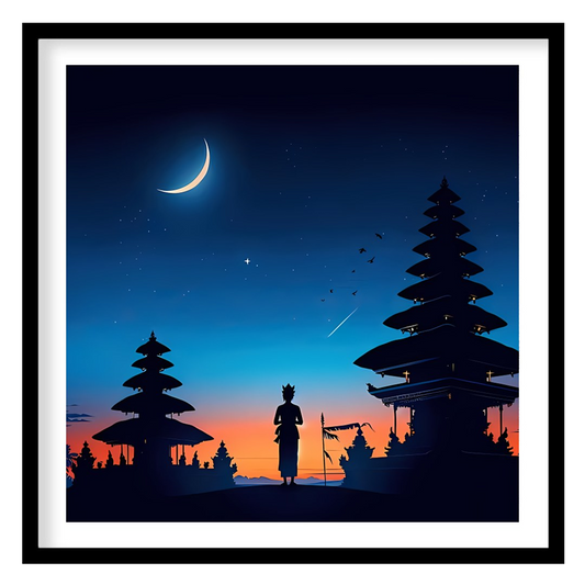 Immerse yourself in this enchanting portrayal of a serene twilight scene, capturing a crescent moon for area