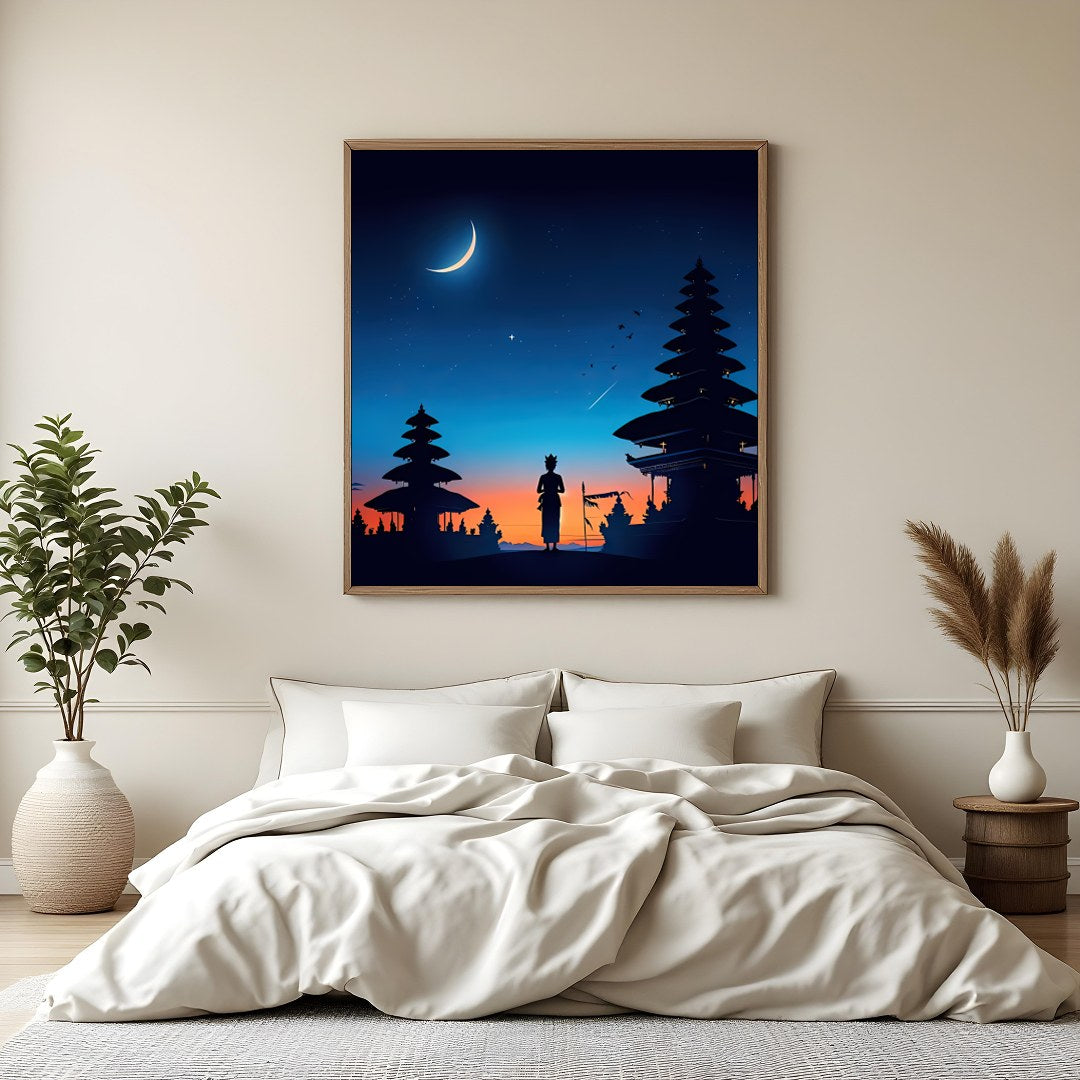 Immerse yourself in this enchanting portrayal of a serene twilight scene, capturing a crescent moon for Bedroom