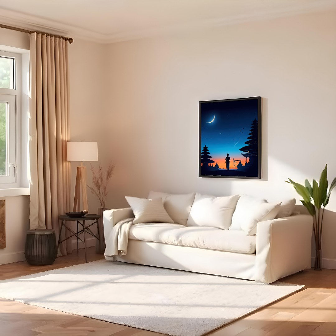 Immerse yourself in this enchanting portrayal of a serene twilight scene, capturing a crescent moon for Family Room