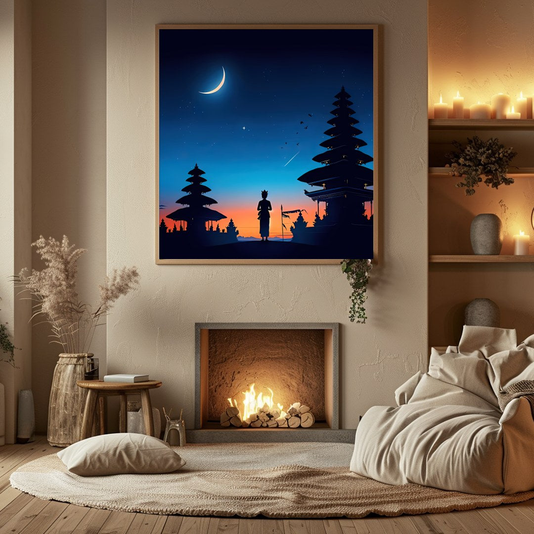 Immerse yourself in this enchanting portrayal of a serene twilight scene, capturing a crescent moon for Hall