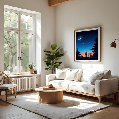 Immerse yourself in this enchanting portrayal of a serene twilight scene, capturing a crescent moon for Living Room