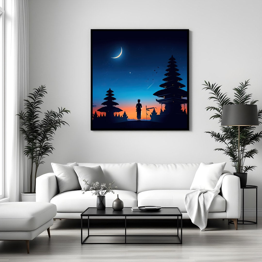 Immerse yourself in this enchanting portrayal of a serene twilight scene, capturing a crescent moon for Sitting Area