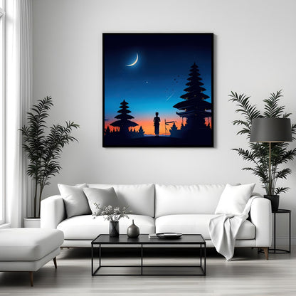 Immerse yourself in this enchanting portrayal of a serene twilight scene, capturing a crescent moon for Sitting Area