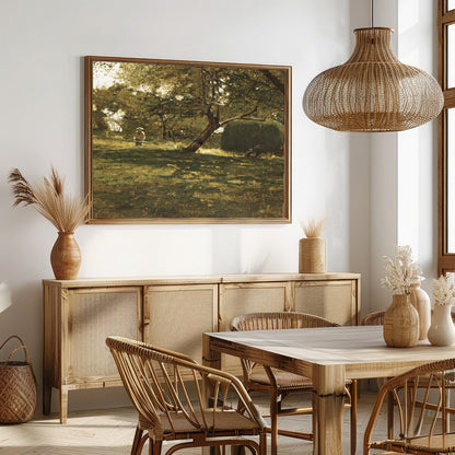 This captivating artwork captures a peaceful afternoon in the countryside, where light filters for Dining