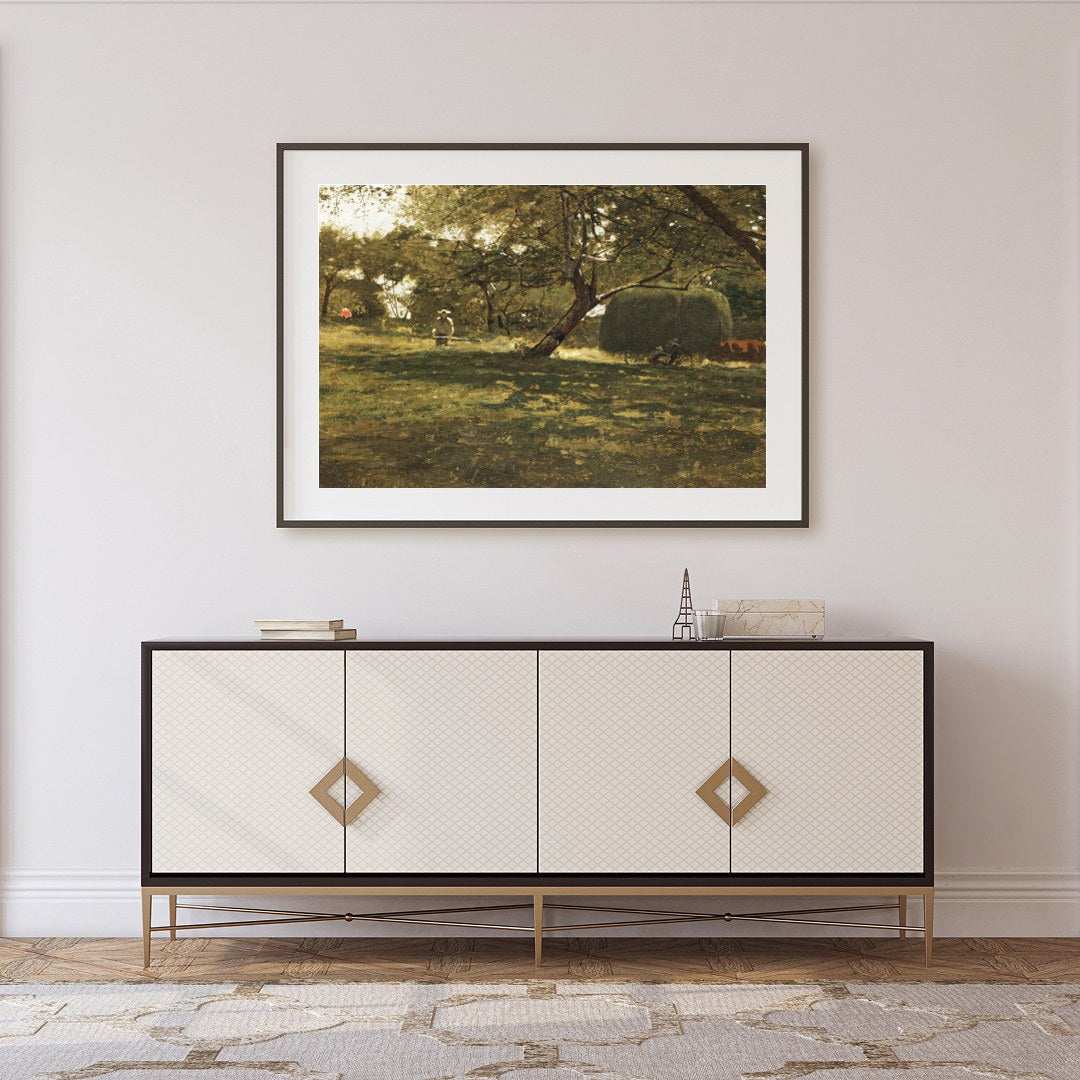 This captivating artwork captures a peaceful afternoon in the countryside, where light filters for Foyer