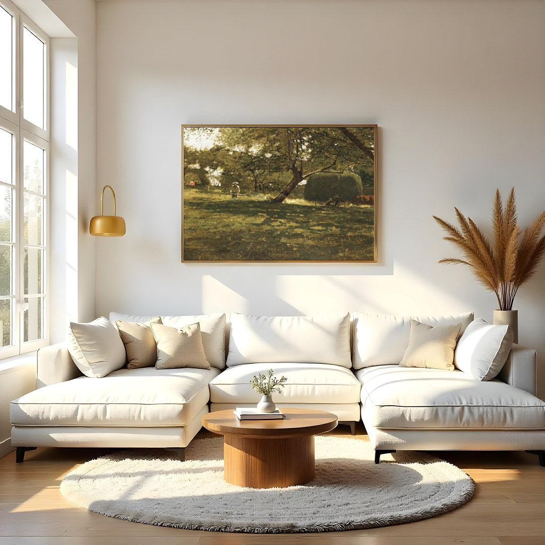 This captivating artwork captures a peaceful afternoon in the countryside, where light filters for Living Room