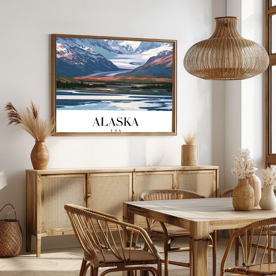 This stunning piece captures the majestic beauty of Alaska's snow-capped mountains under a serene for Dining
