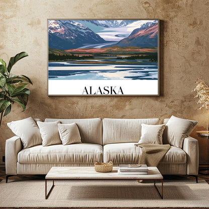 This stunning piece captures the majestic beauty of Alaska's snow-capped mountains under a serene for Family Room