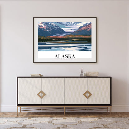This stunning piece captures the majestic beauty of Alaska's snow-capped mountains under a serene for Foyer