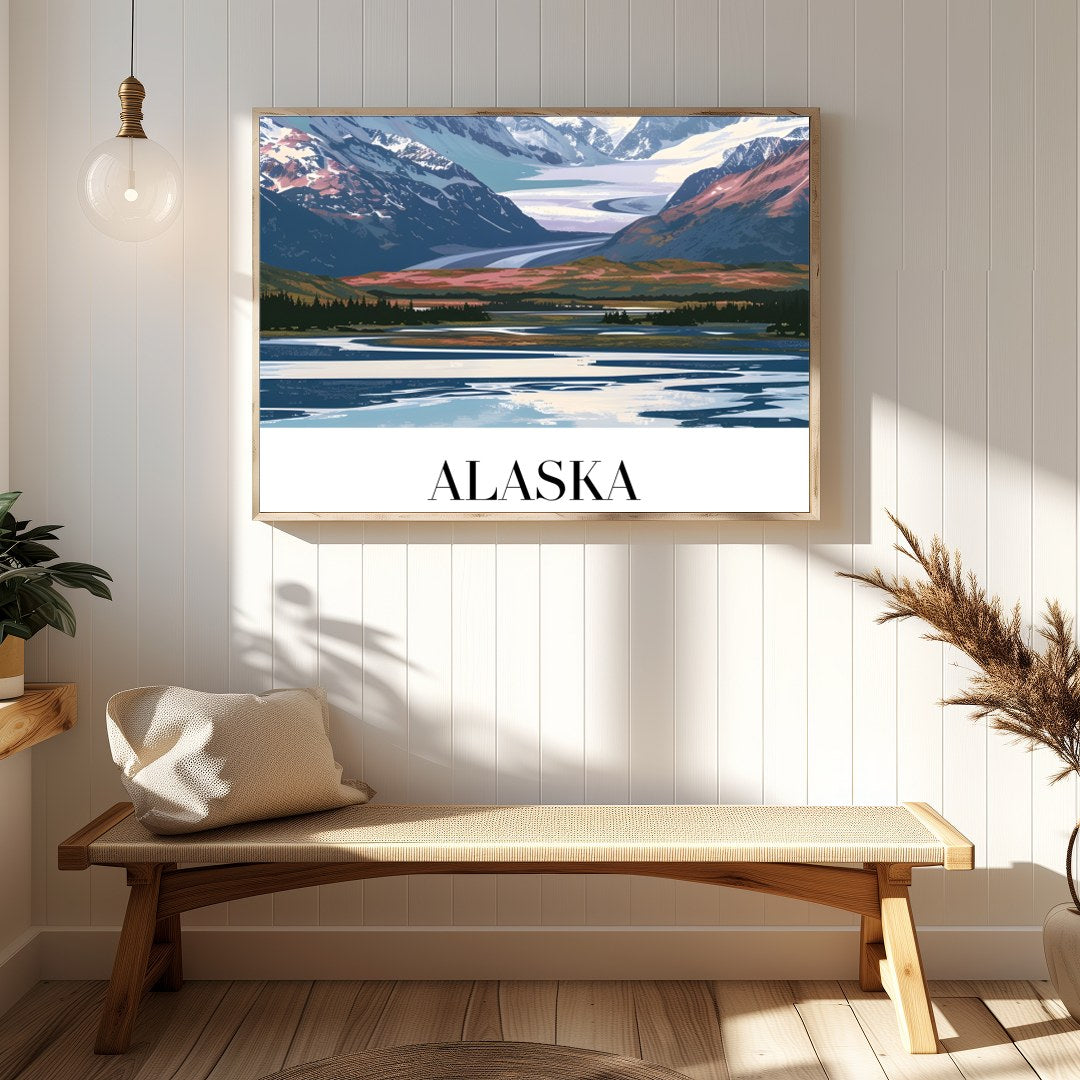 This stunning piece captures the majestic beauty of Alaska's snow-capped mountains under a serene for gallery