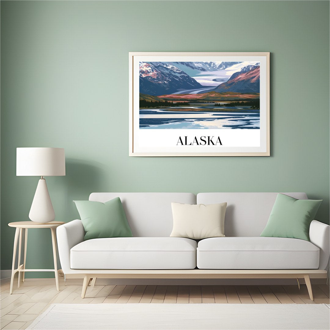 This stunning piece captures the majestic beauty of Alaska's snow-capped mountains under a serene for Hall