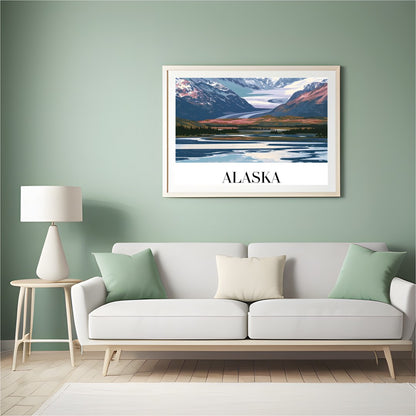 This stunning piece captures the majestic beauty of Alaska's snow-capped mountains under a serene for Hall