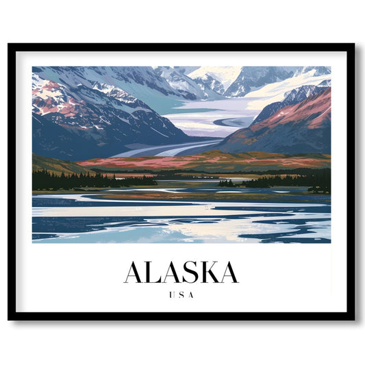 This stunning piece captures the majestic beauty of Alaska's snow-capped mountains under a serene for hallway