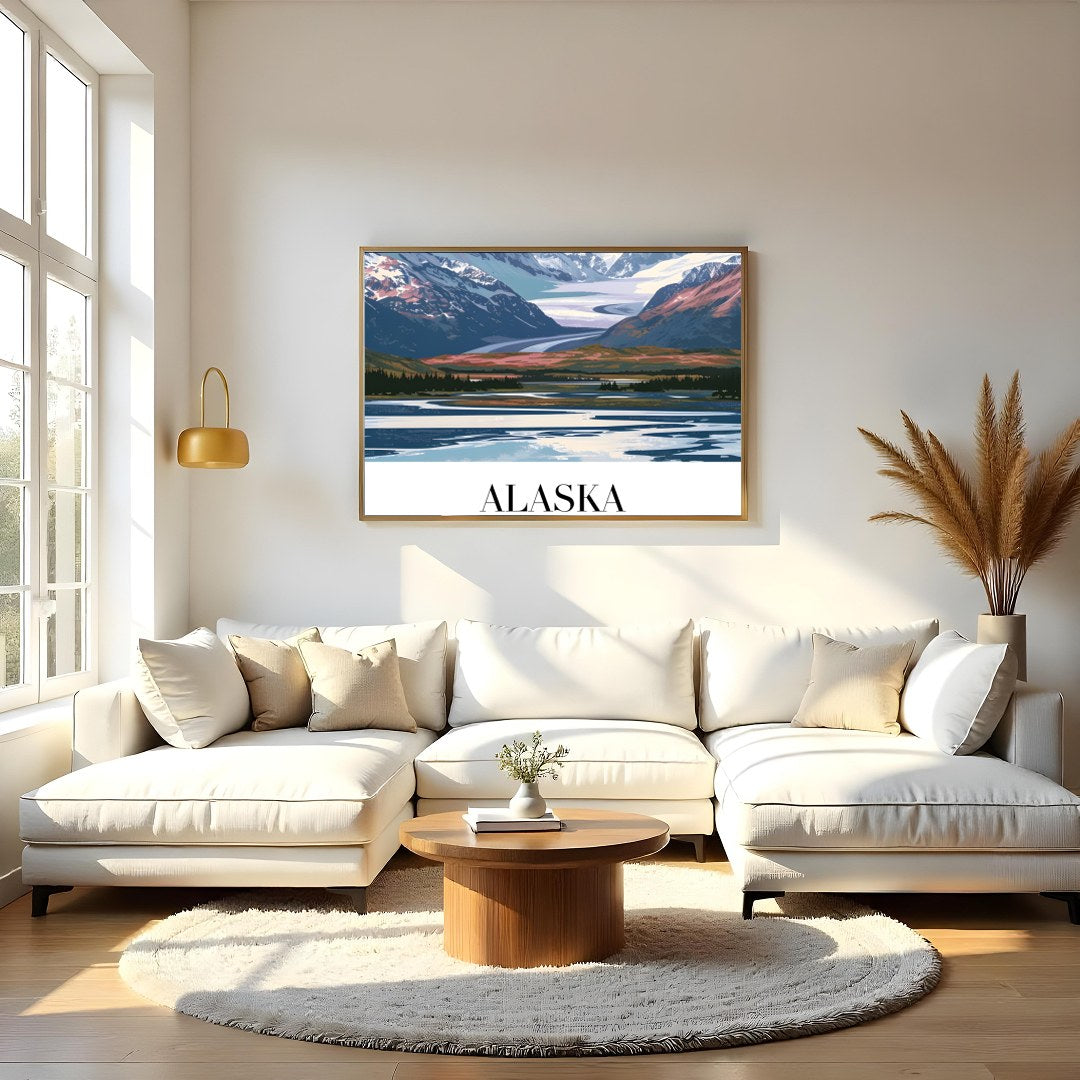 This stunning piece captures the majestic beauty of Alaska's snow-capped mountains under a serene for Living Room