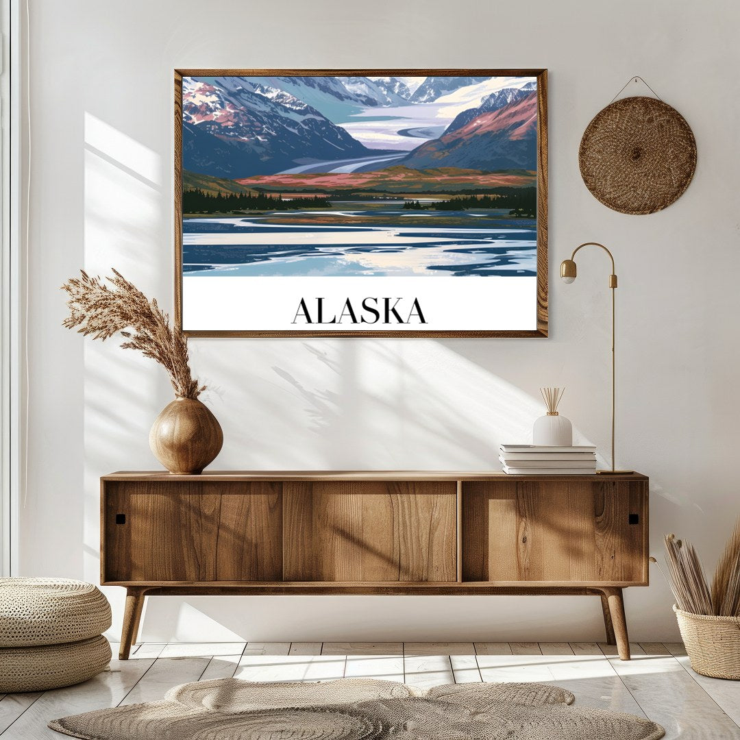 This stunning piece captures the majestic beauty of Alaska's snow-capped mountains under a serene for Sitting Area