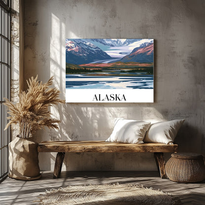 This stunning piece captures the majestic beauty of Alaska's snow-capped mountains under a serene for Veranda