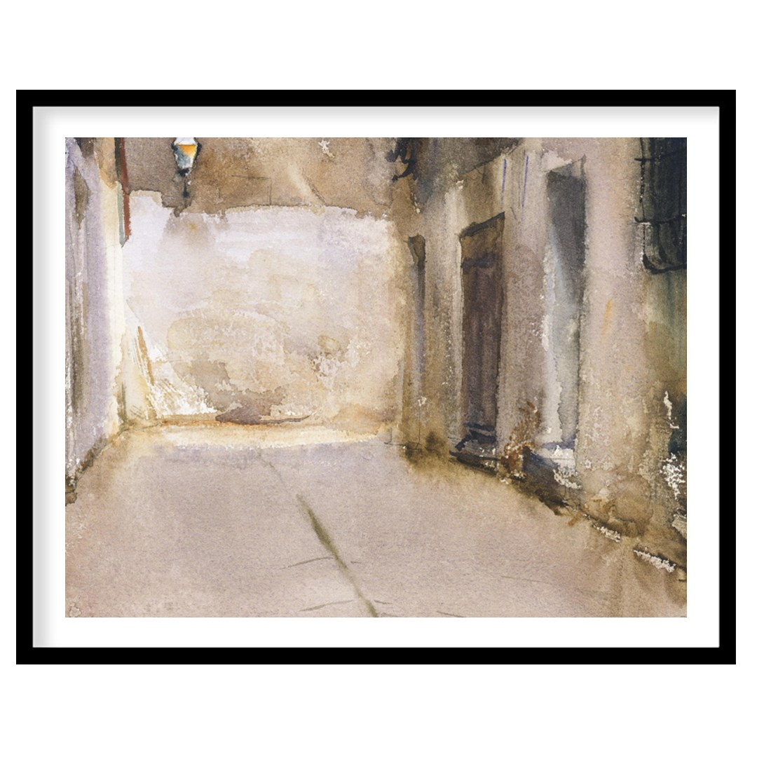 Immerse yourself in the tranquil ambiance of this exquisite watercolor depicting a sunlit alleyway. for dwelling