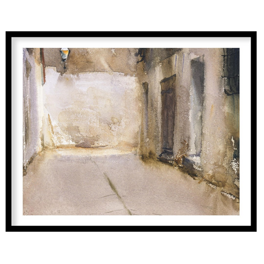 Immerse yourself in the tranquil ambiance of this exquisite watercolor depicting a sunlit alleyway. for dwelling
