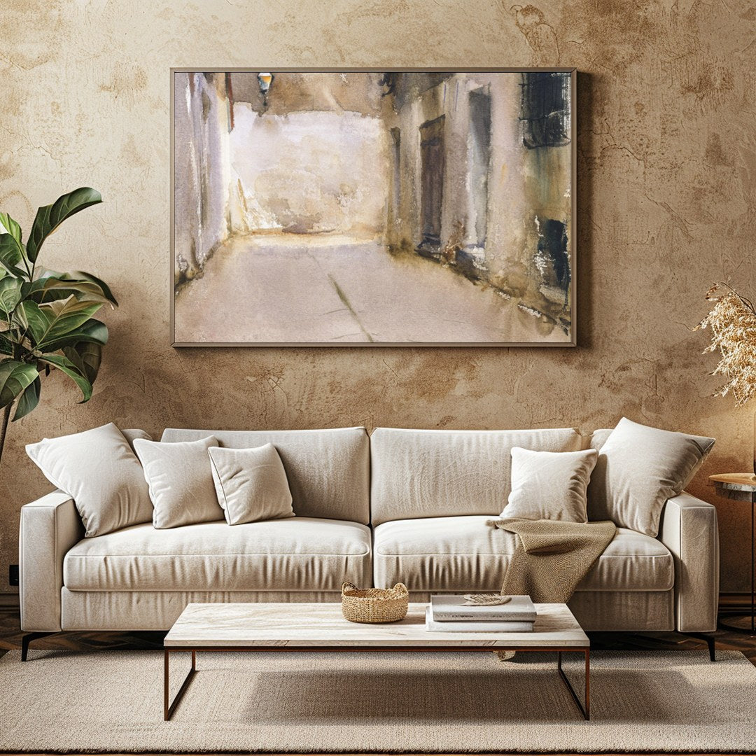Immerse yourself in the tranquil ambiance of this exquisite watercolor depicting a sunlit alleyway. for Family Room