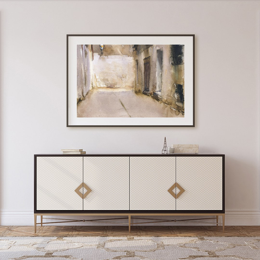 Immerse yourself in the tranquil ambiance of this exquisite watercolor depicting a sunlit alleyway. for Foyer