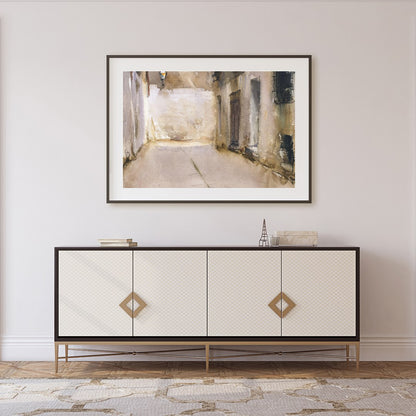 Immerse yourself in the tranquil ambiance of this exquisite watercolor depicting a sunlit alleyway. for Foyer