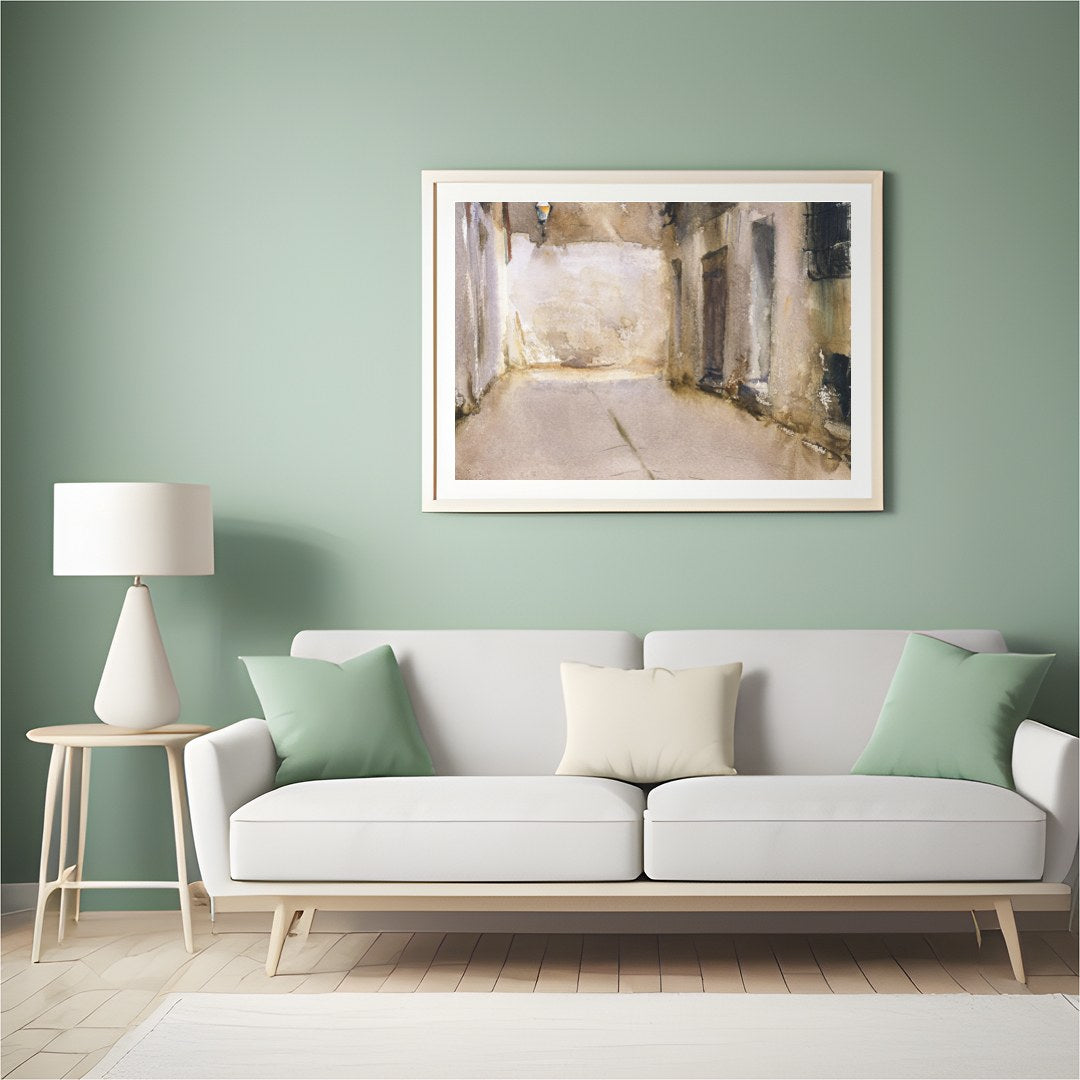 Immerse yourself in the tranquil ambiance of this exquisite watercolor depicting a sunlit alleyway. for Hall