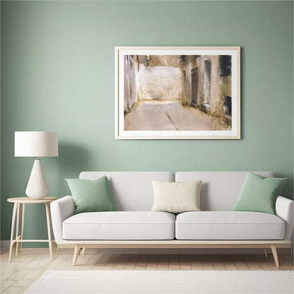 Immerse yourself in the tranquil ambiance of this exquisite watercolor depicting a sunlit alleyway. for Hall