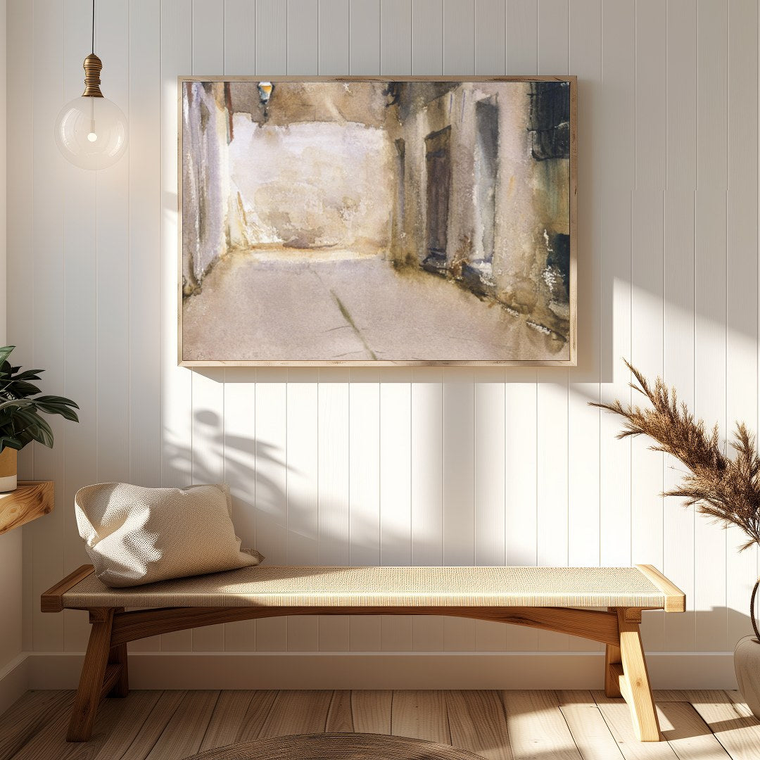 Immerse yourself in the tranquil ambiance of this exquisite watercolor depicting a sunlit alleyway. for Hallway