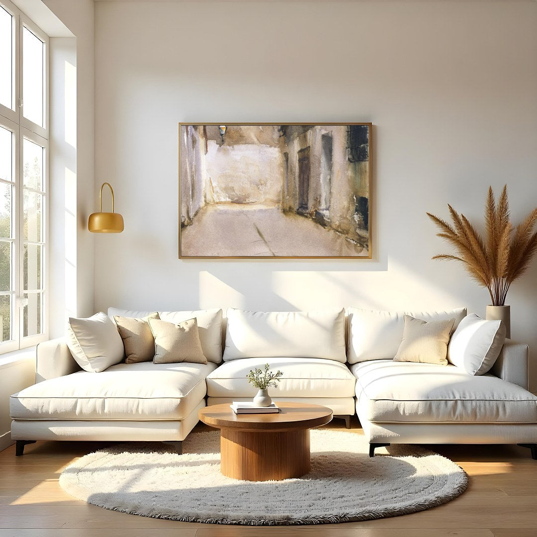 Immerse yourself in the tranquil ambiance of this exquisite watercolor depicting a sunlit alleyway. for Living Room