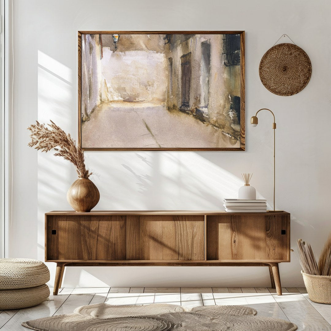 Immerse yourself in the tranquil ambiance of this exquisite watercolor depicting a sunlit alleyway. for Sitting Area
