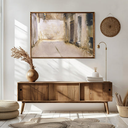 Immerse yourself in the tranquil ambiance of this exquisite watercolor depicting a sunlit alleyway. for Sitting Area