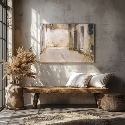 Immerse yourself in the tranquil ambiance of this exquisite watercolor depicting a sunlit alleyway. for Veranda