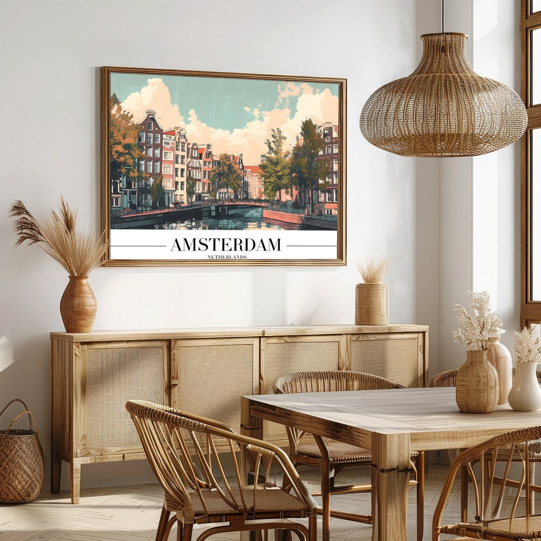 Capture the essence of Amsterdam with this stunning depiction of its iconic canals and historic for Dining