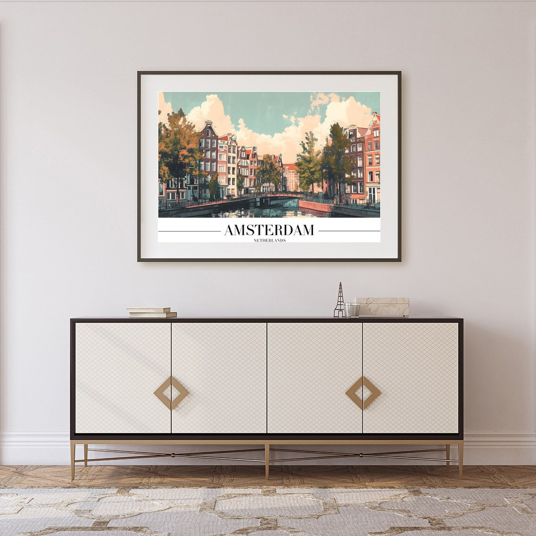 Capture the essence of Amsterdam with this stunning depiction of its iconic canals and historic for Foyer
