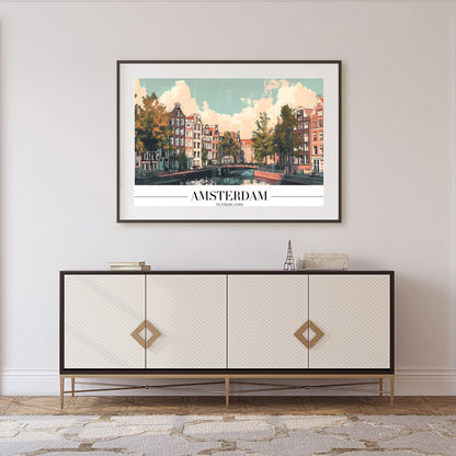 Capture the essence of Amsterdam with this stunning depiction of its iconic canals and historic for Foyer