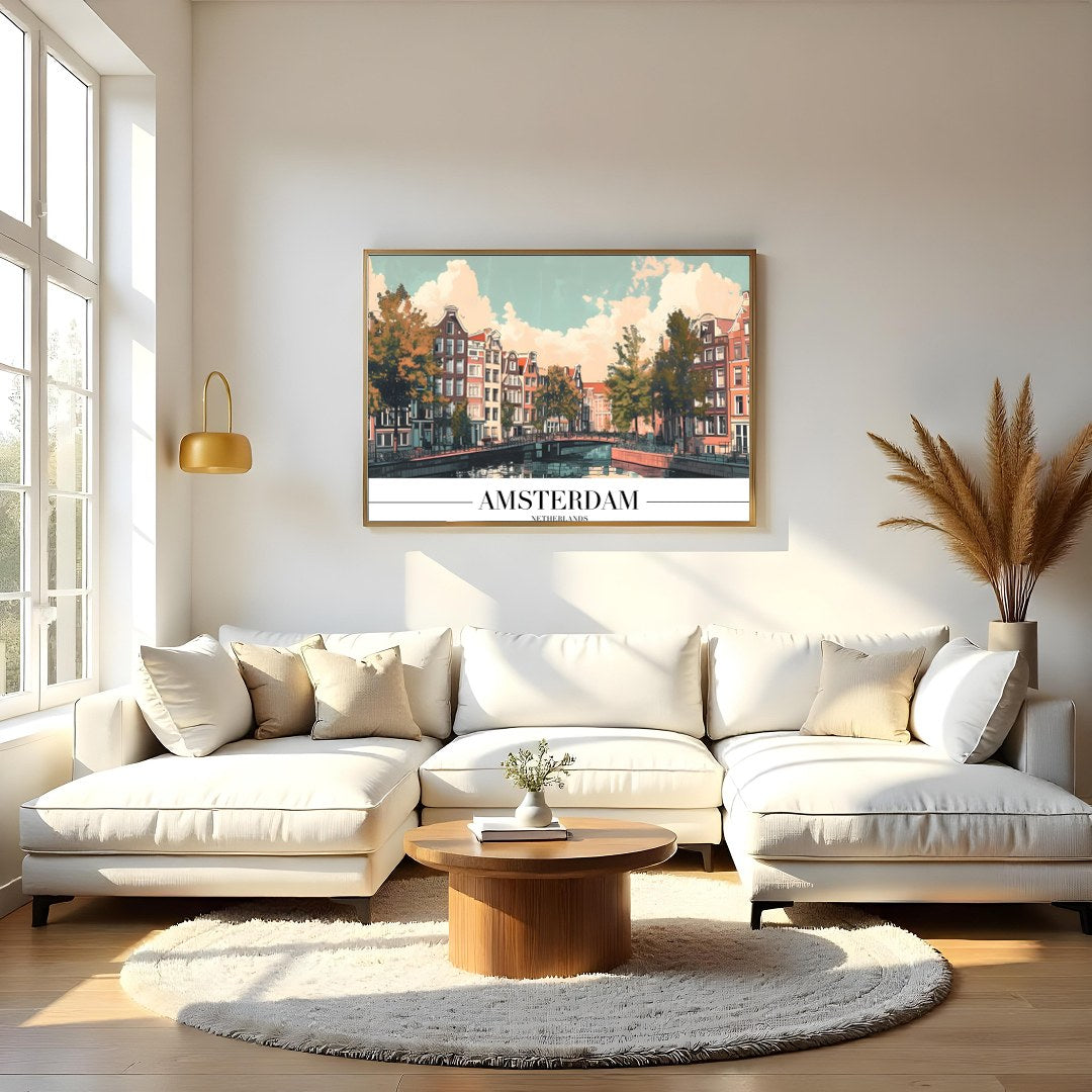 Capture the essence of Amsterdam with this stunning depiction of its iconic canals and historic for Living Room