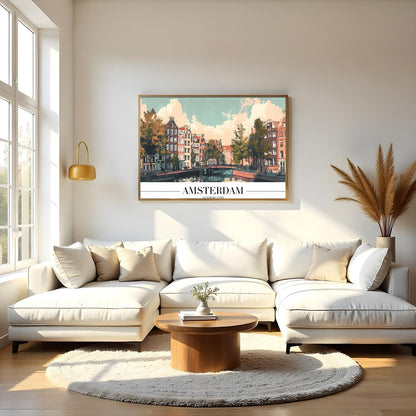 Capture the essence of Amsterdam with this stunning depiction of its iconic canals and historic for Living Room