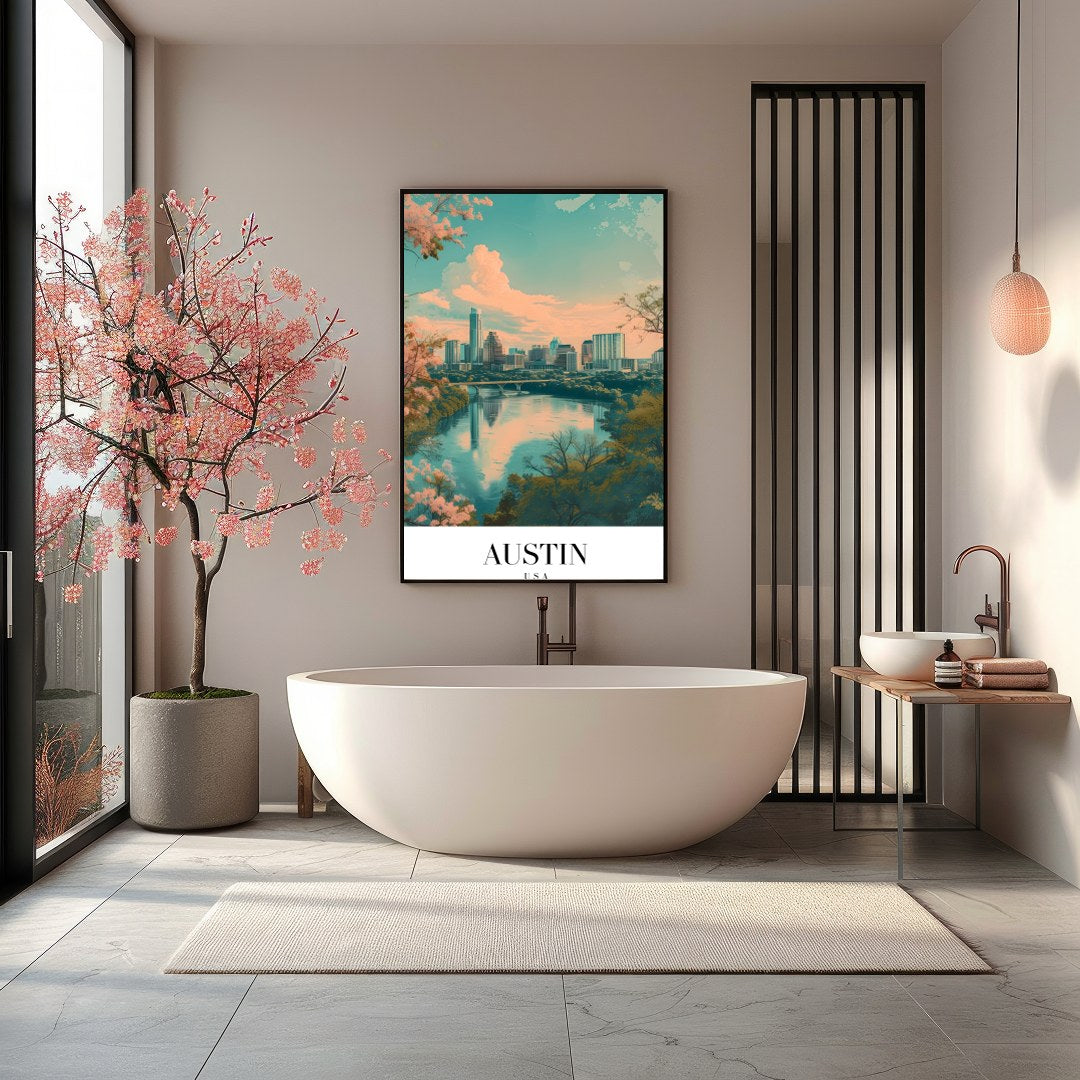Capture the serene beauty of Austin's skyline with this mesmerizing artwork. The blend of pastel for Bathroom
