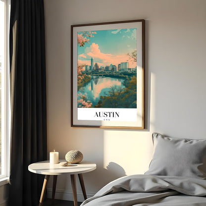 Capture the serene beauty of Austin's skyline with this mesmerizing artwork. The blend of pastel for Bedroom