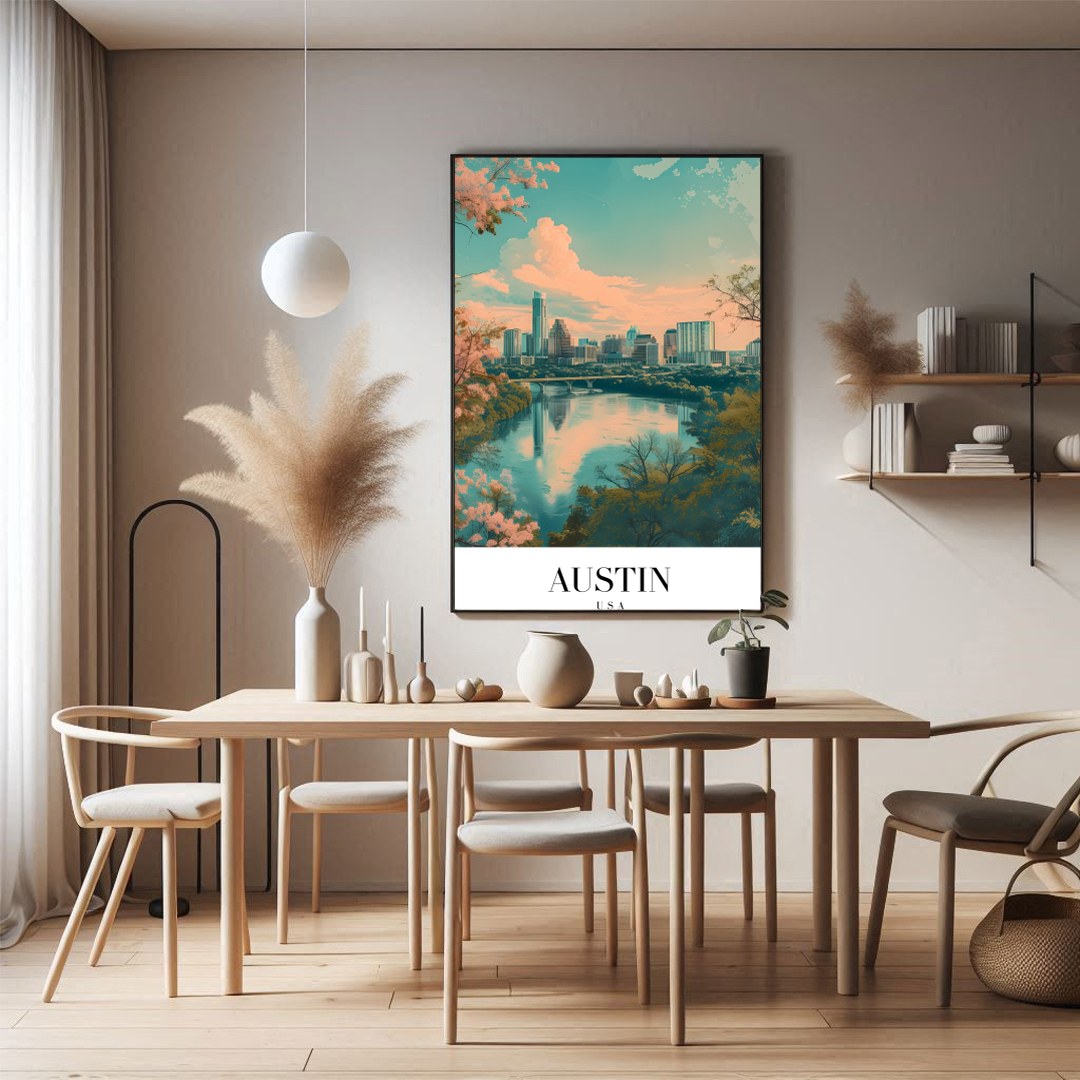 Capture the serene beauty of Austin's skyline with this mesmerizing artwork. The blend of pastel for Dining