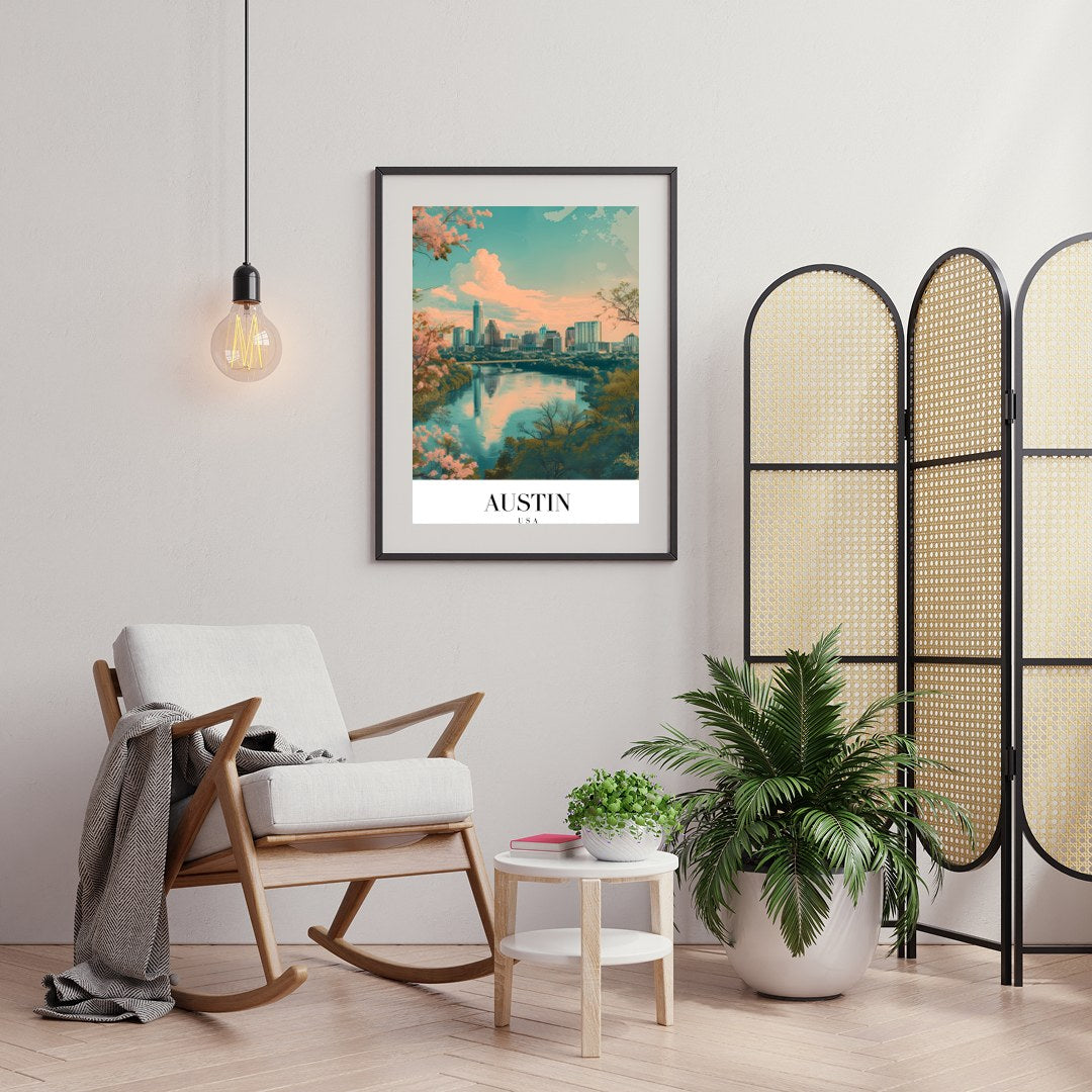 Capture the serene beauty of Austin's skyline with this mesmerizing artwork. The blend of pastel for Foyer