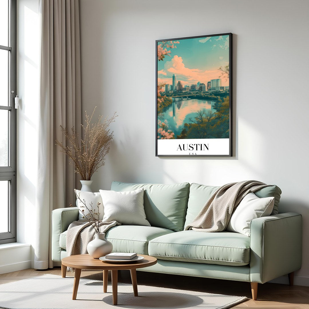 Capture the serene beauty of Austin's skyline with this mesmerizing artwork. The blend of pastel for Hall